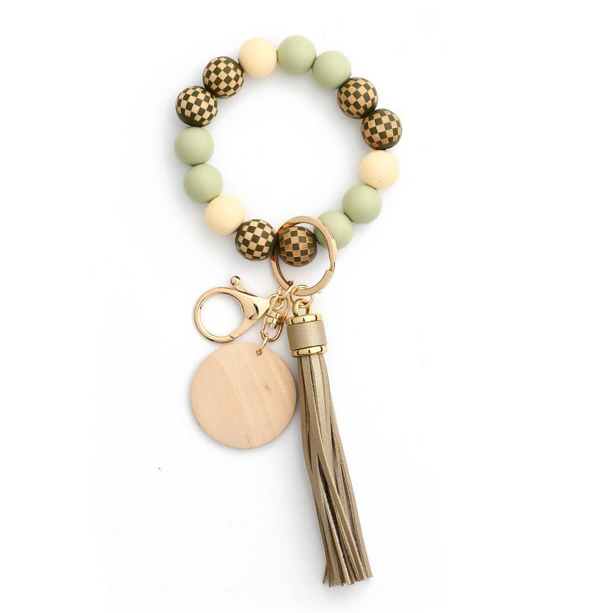 Checkerboard Wood Bead Bracelet Silicone Keychain_CWMM6877