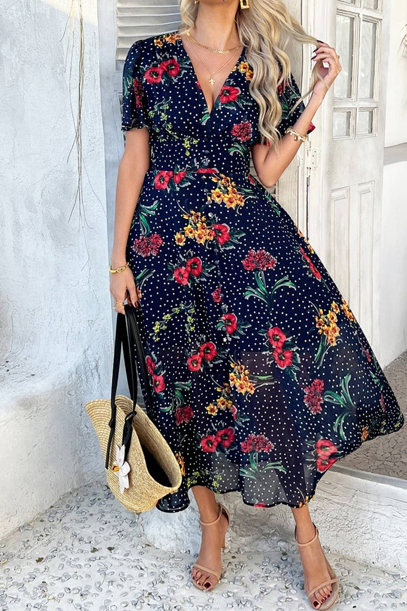 CWDMD5354_SUMMER SEXY DEEP V PRINTED SHORT SLEEVE DRESS