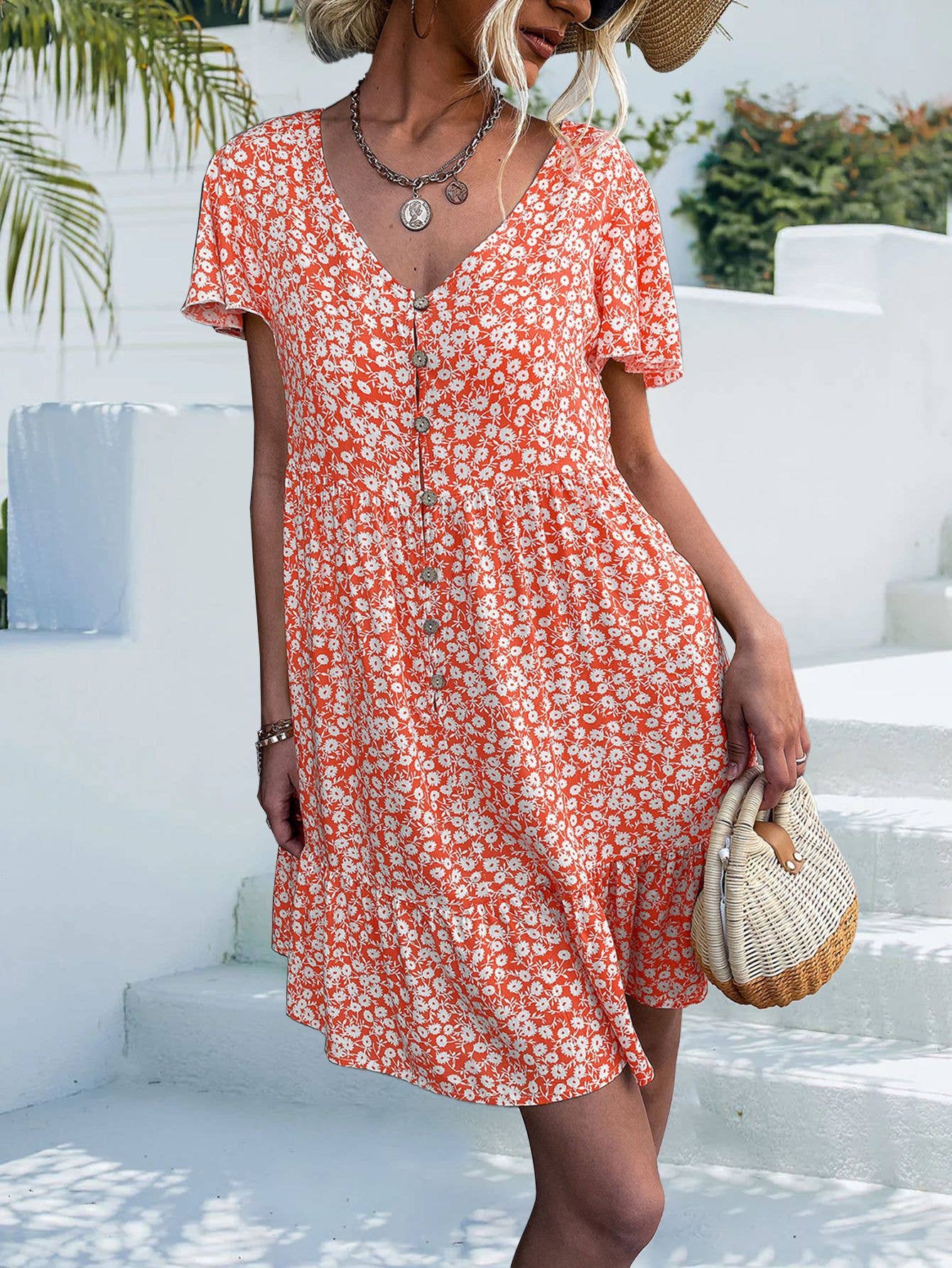 Single breasted V-neck floral loose short dress