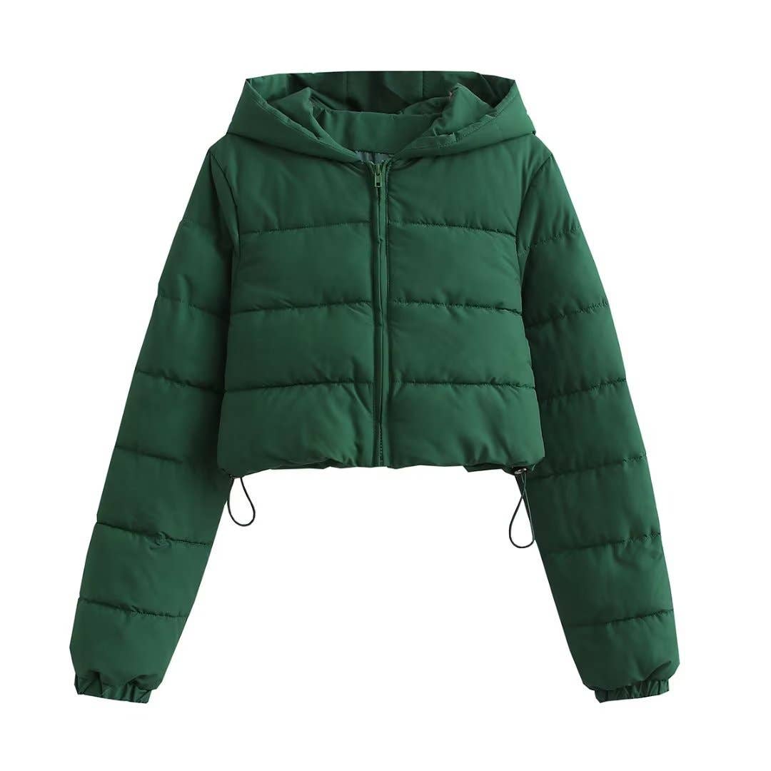 Short solid-color hooded hand-stuffed jacket