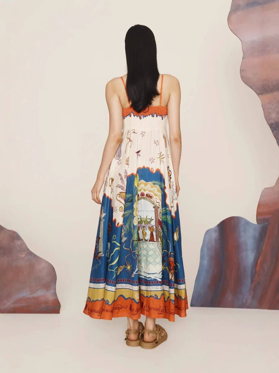 Sexy halter linen graffiti long swing dress