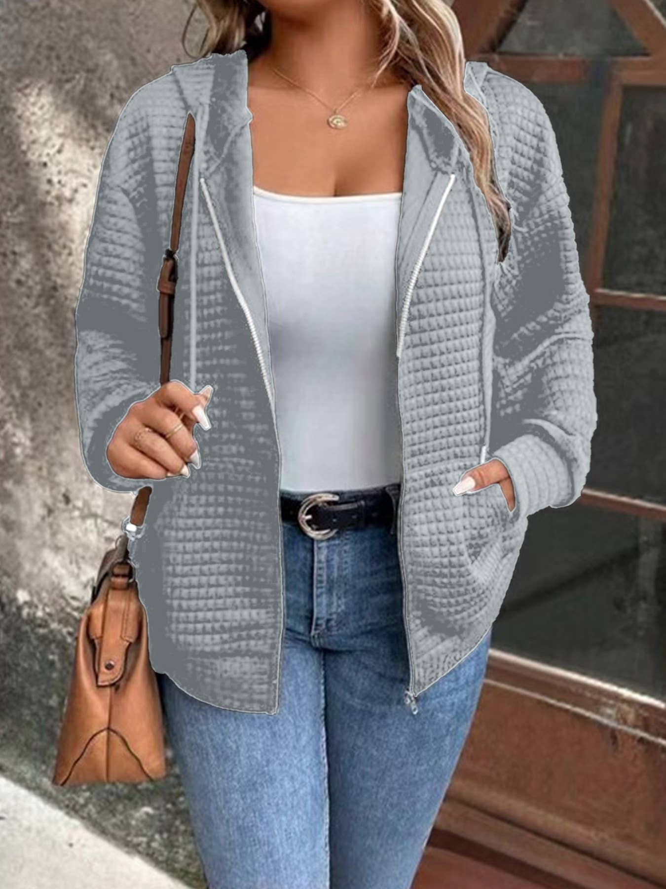 WAFFLE COAT WITH HOODED DRAWSTRING SPORTS ZIPPER