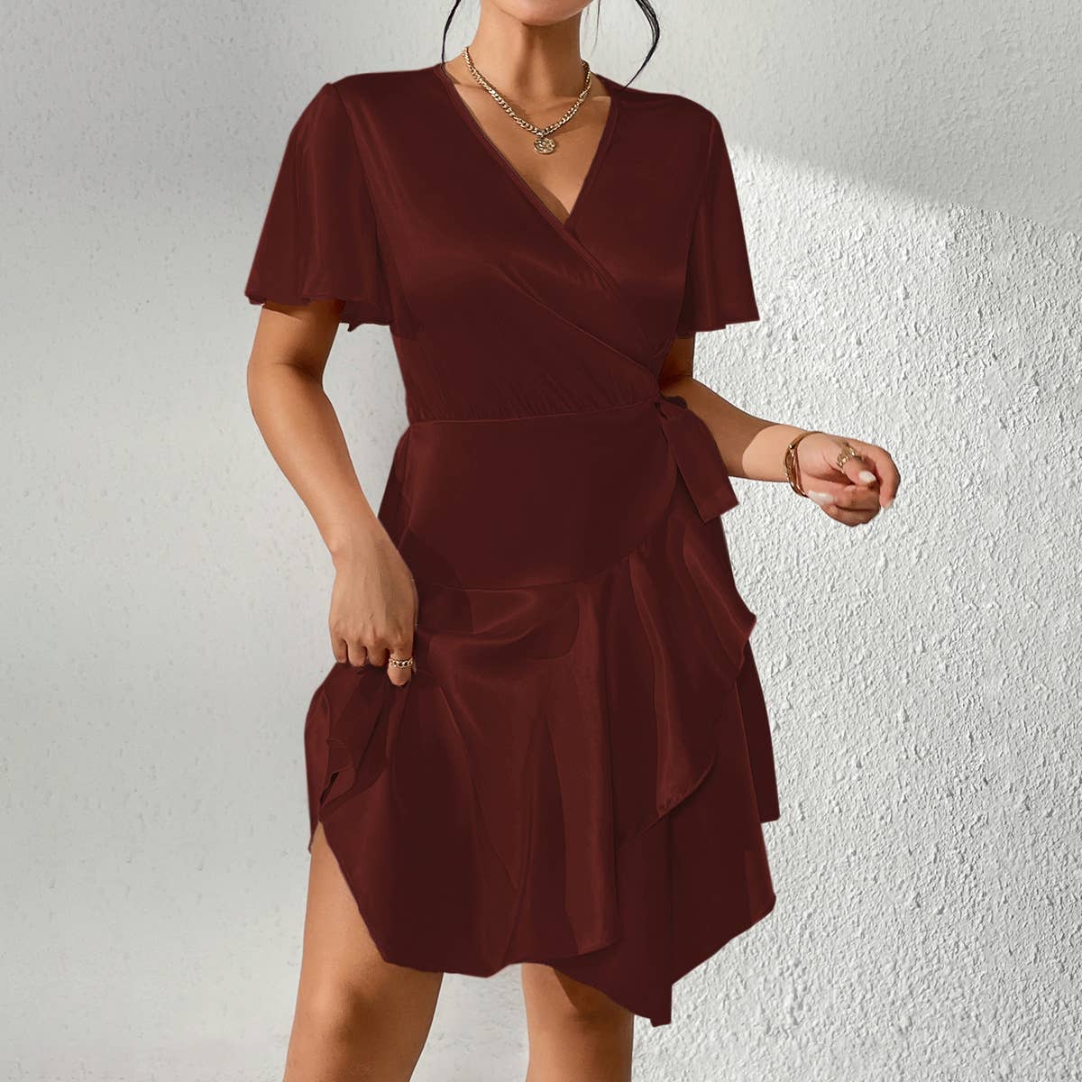 Satin V-neck solid color mid-length dress