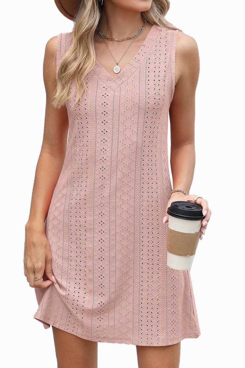 CWDSD8719_SOLID V-NECK SLEEVELESS CASUAL DRESS