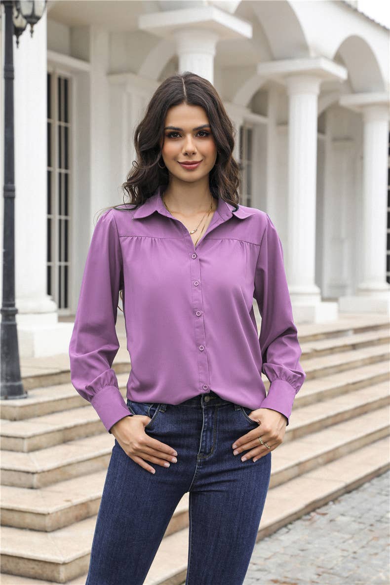 Lantern-sleeve pleated stand collar loose shirt