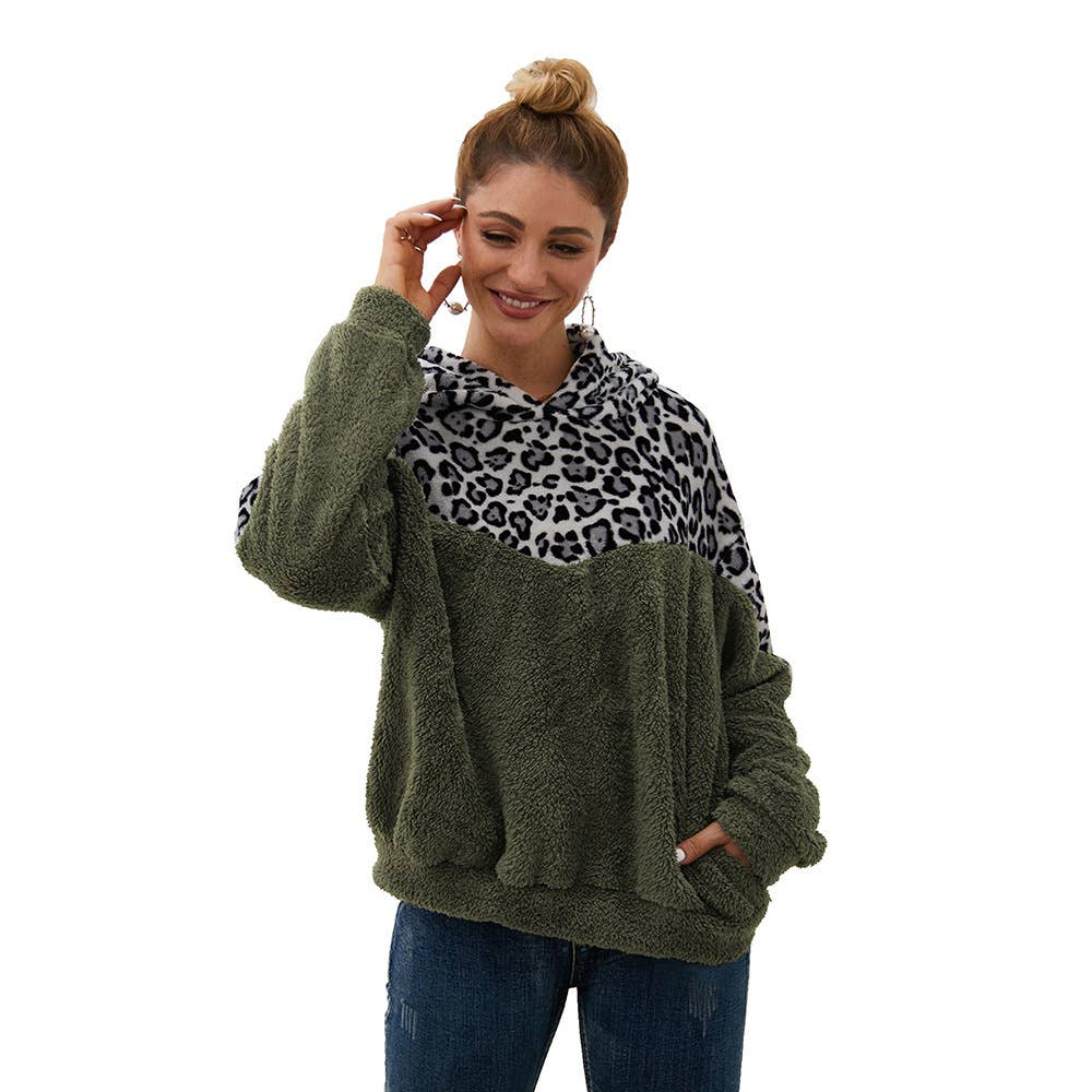 LEOPARD PRINT SPLICED DOUBLE-SIDED PLUSH HOODIE