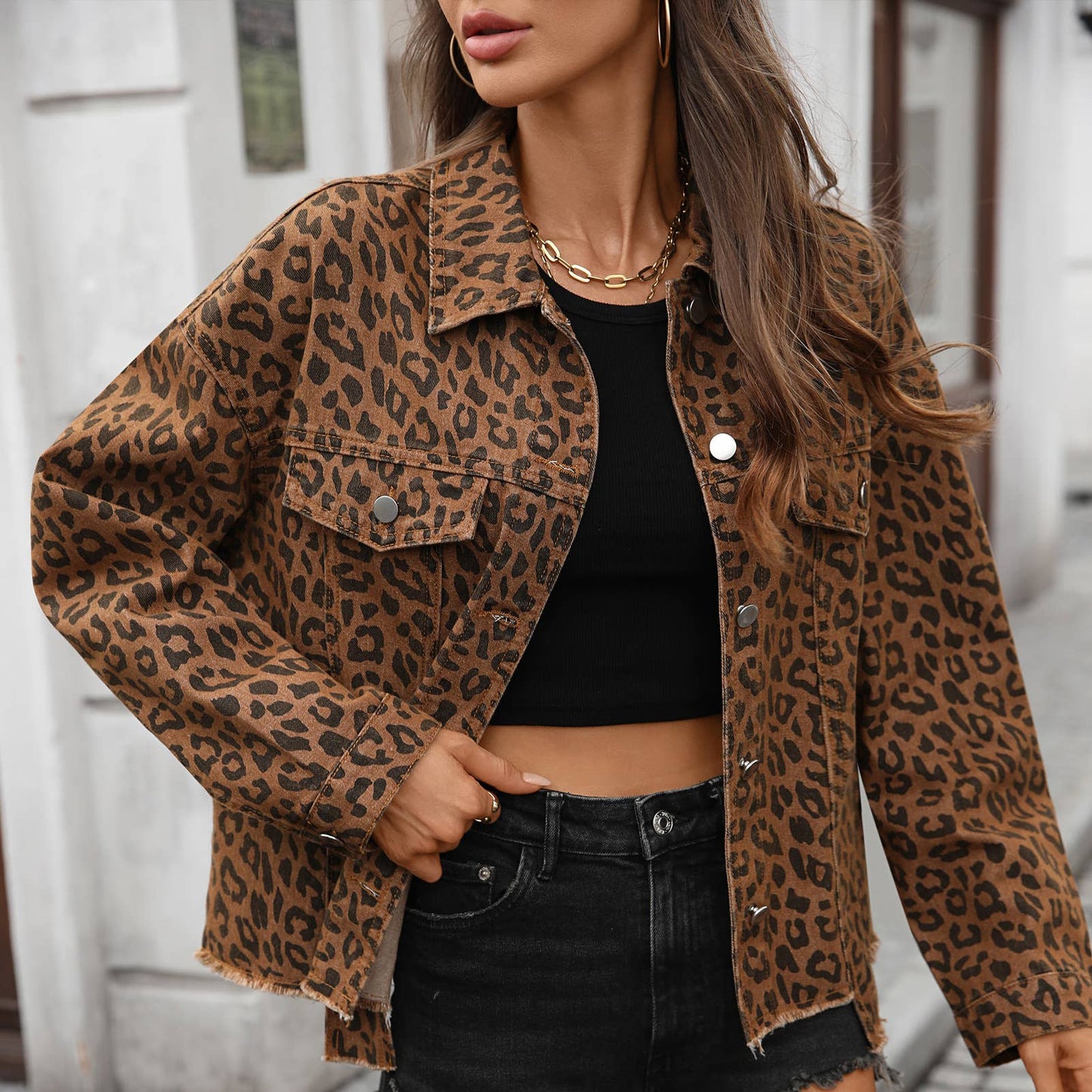 Street-style leopard print denim short jacket