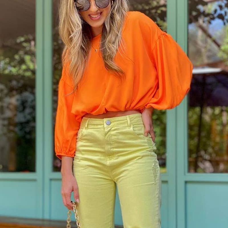 SOLID COLOR LANTERN LONG SLEEVE SHORT TOP