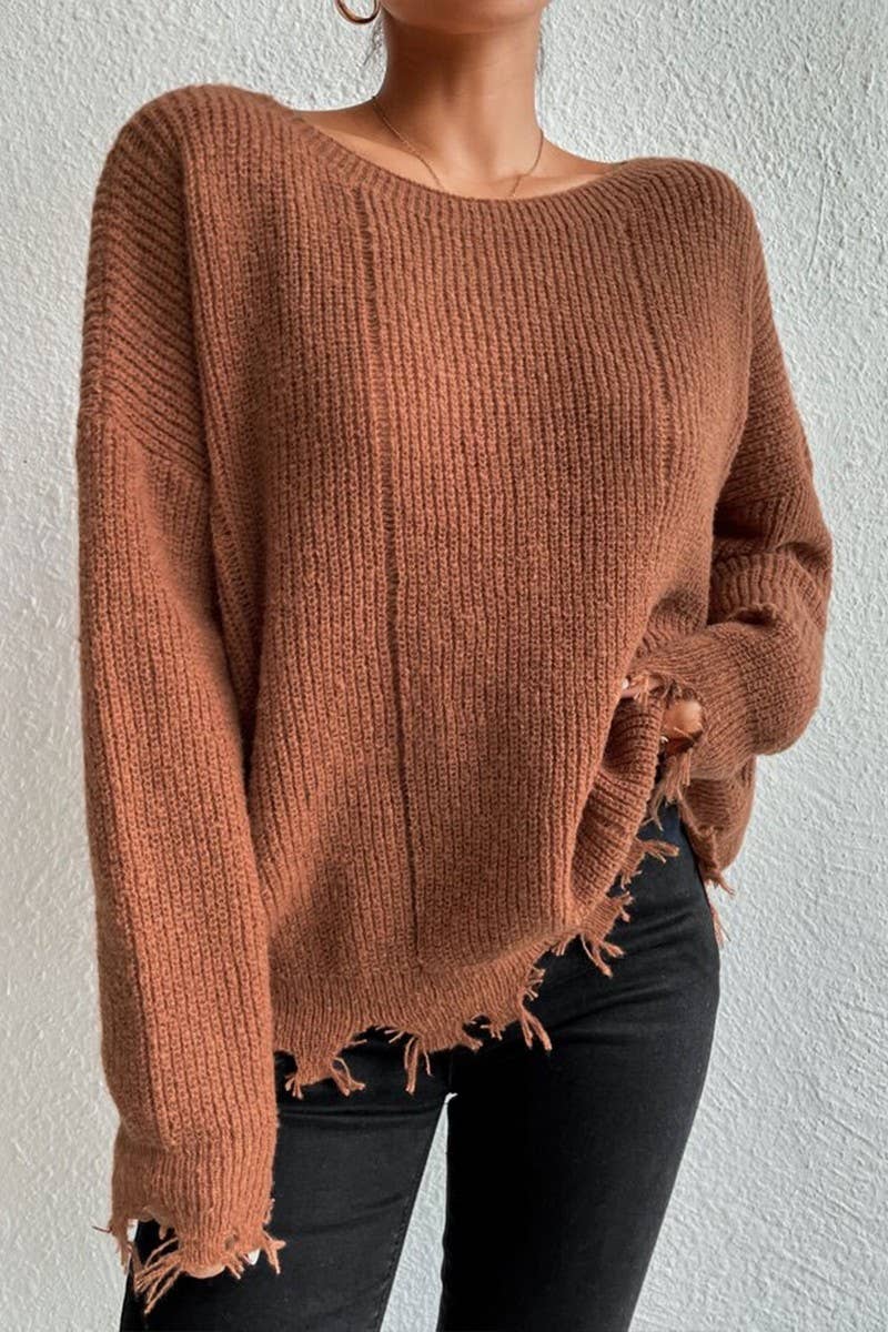 CWOSWL07632_LOOSE-FITTING DISTRESSED RAW-EDGE KNIT TOP