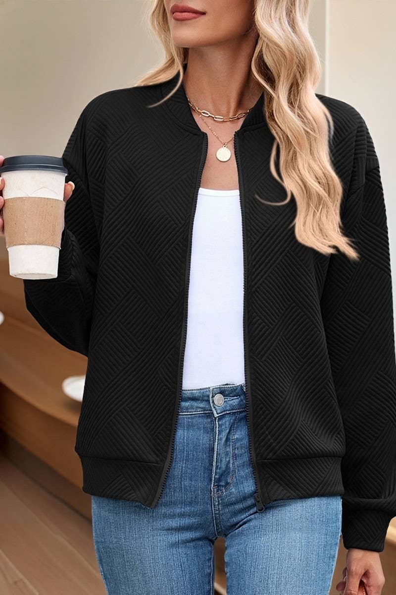 CWOCO00238_SOLID ZIP UP LONG SLEEVE CASUAL BOMBER JACKET