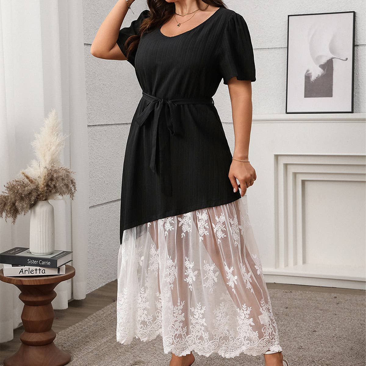 French Lace Panel Tie Waist Loose Dress