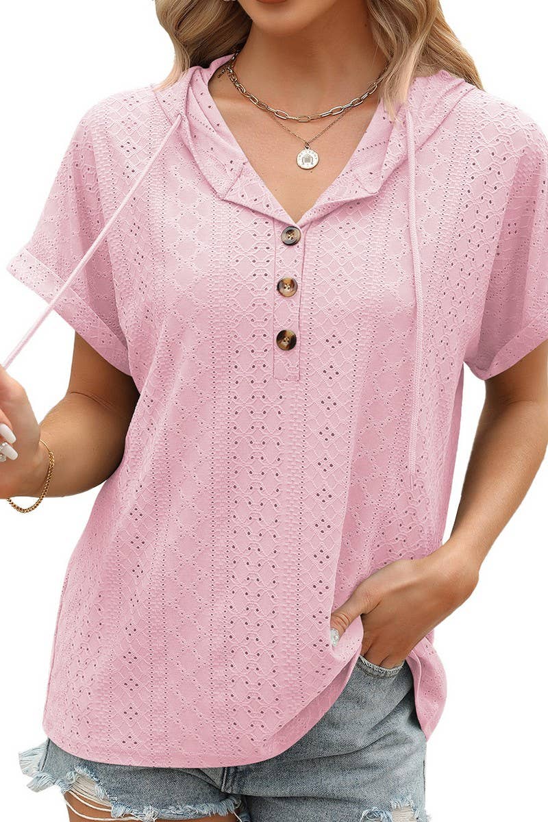 SOLID COLOR BUTTON DOWN SHORT SLEEVE HOODIE_CWOHOS0013