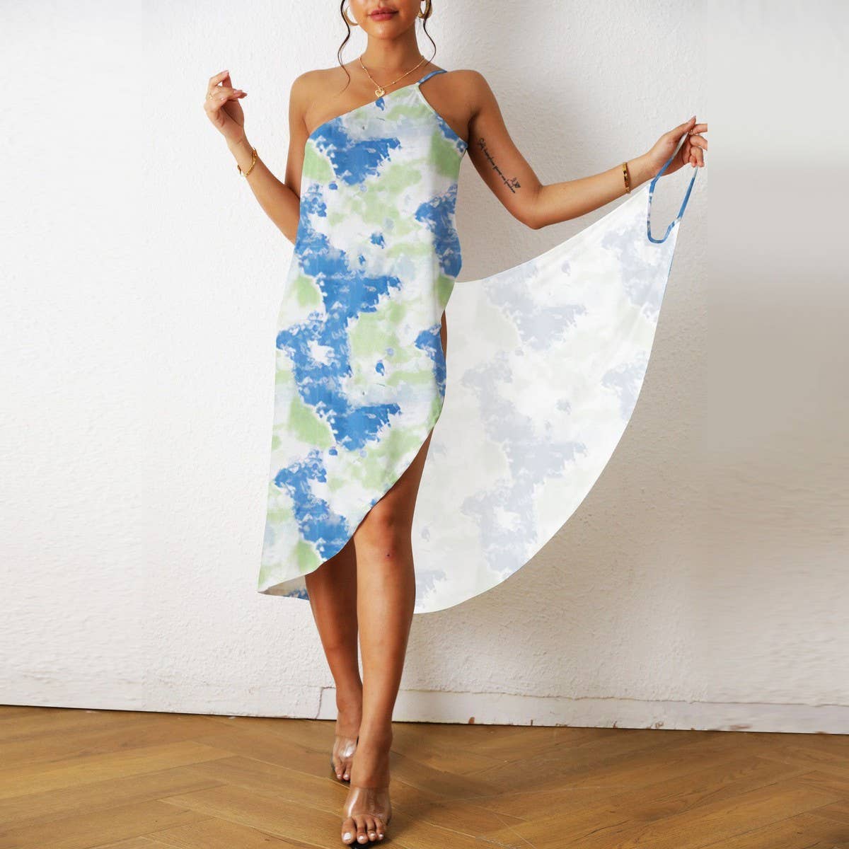 Floral Print One-Piece Beach Dress for Vacation