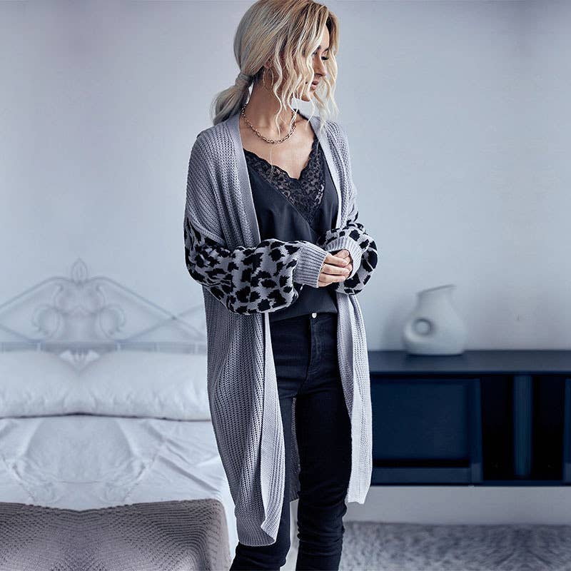 KNIT LEOPARD PRINT UNBUTTONED CARDIGAN JACKET