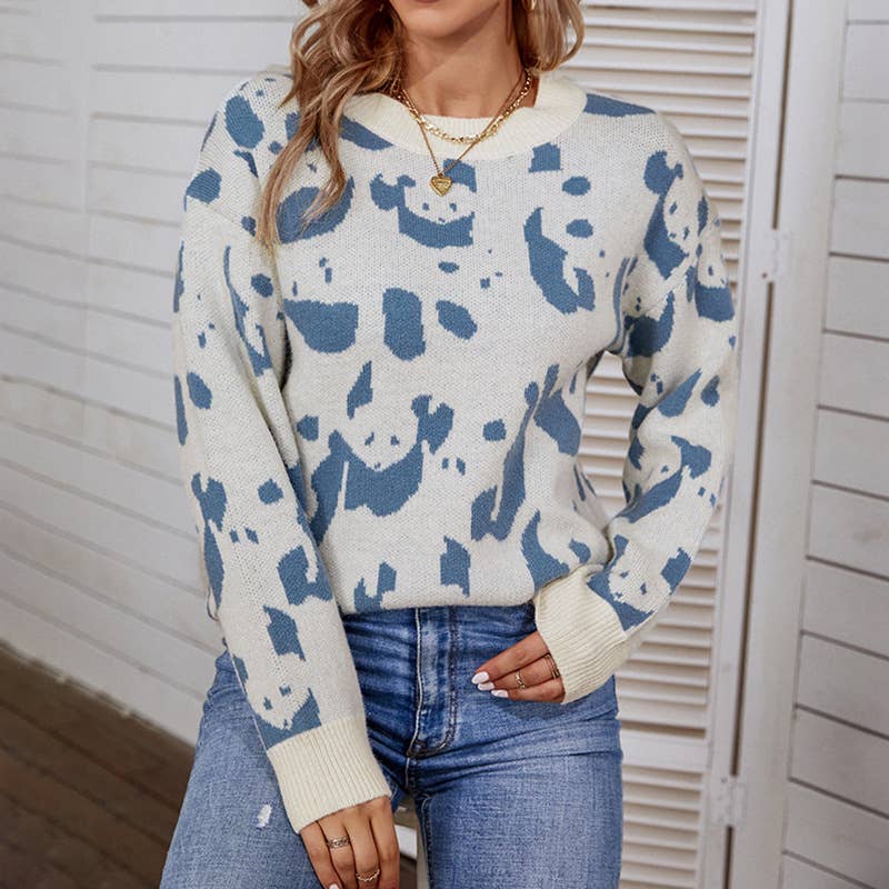 ROUND NECK COLOR CONTRAST PANDA PATTERN SWEATER