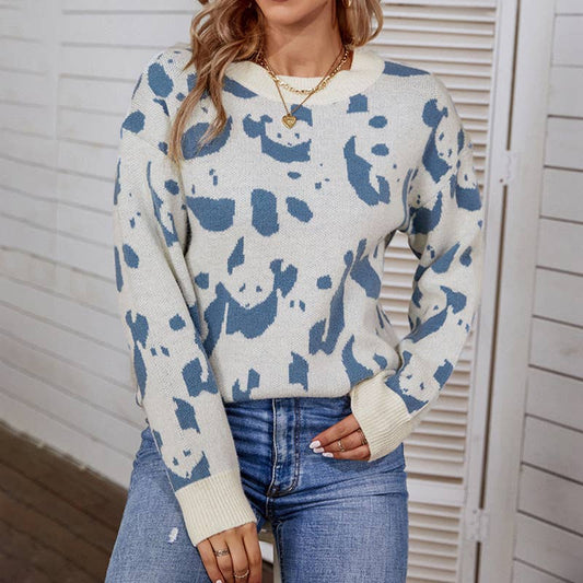 ROUND NECK COLOR CONTRAST PANDA PATTERN SWEATER