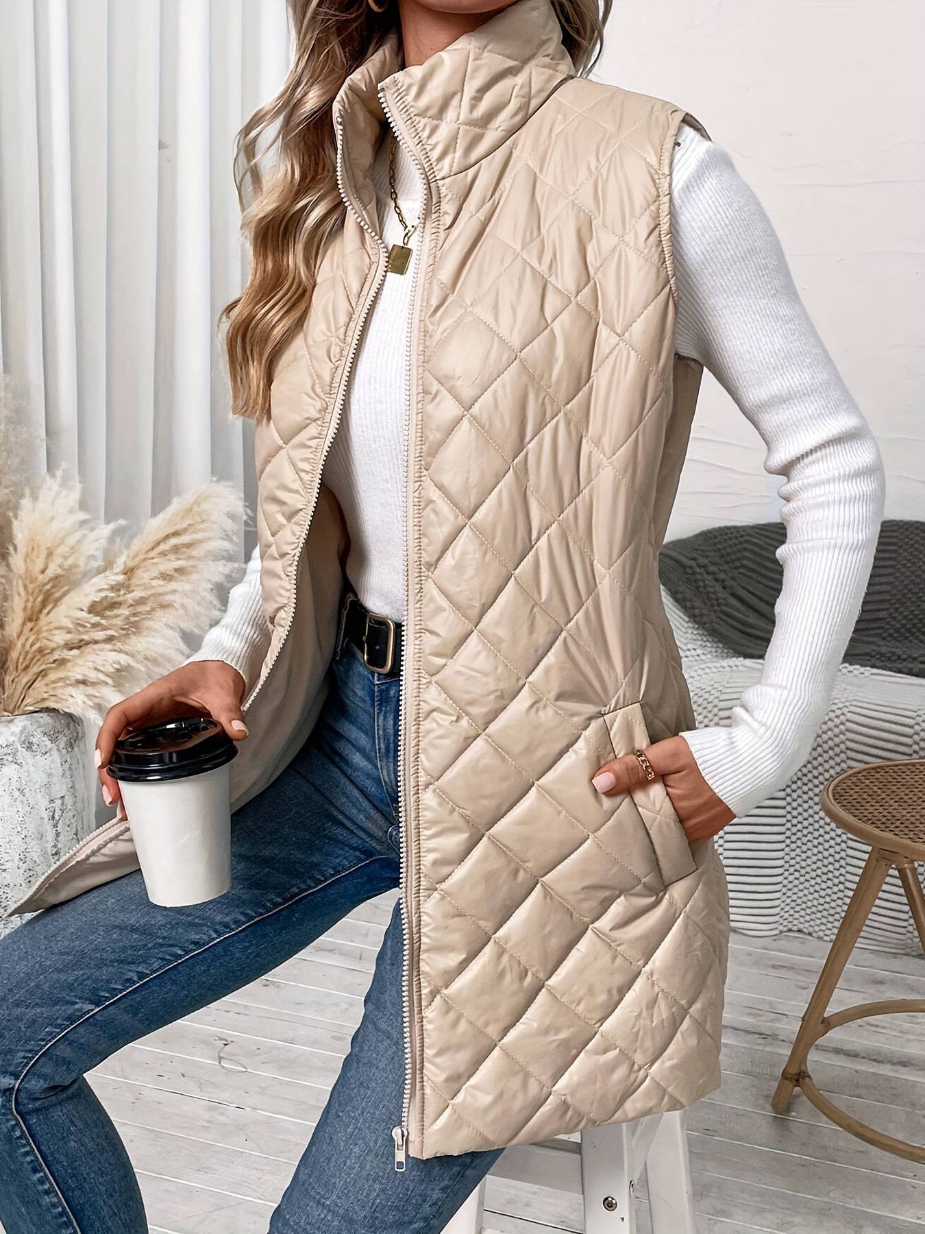 Lapel sleeveless long zipper cotton-padded Vest
