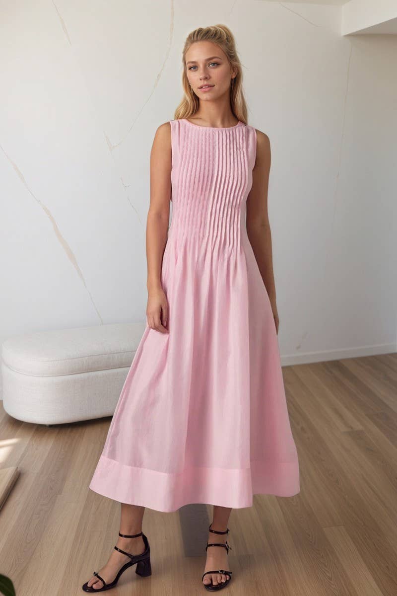 CWDMD6404_PINK RUCHED SLEEVELESS TANK MIDI DRESS