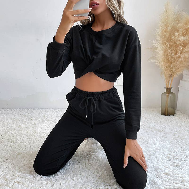 Knotted sweatshirt and long pants sportswear set