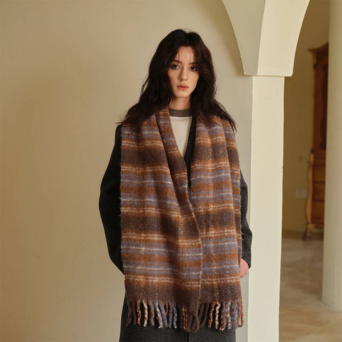 High-Quality Wool Blend Plaid Scarf for Women