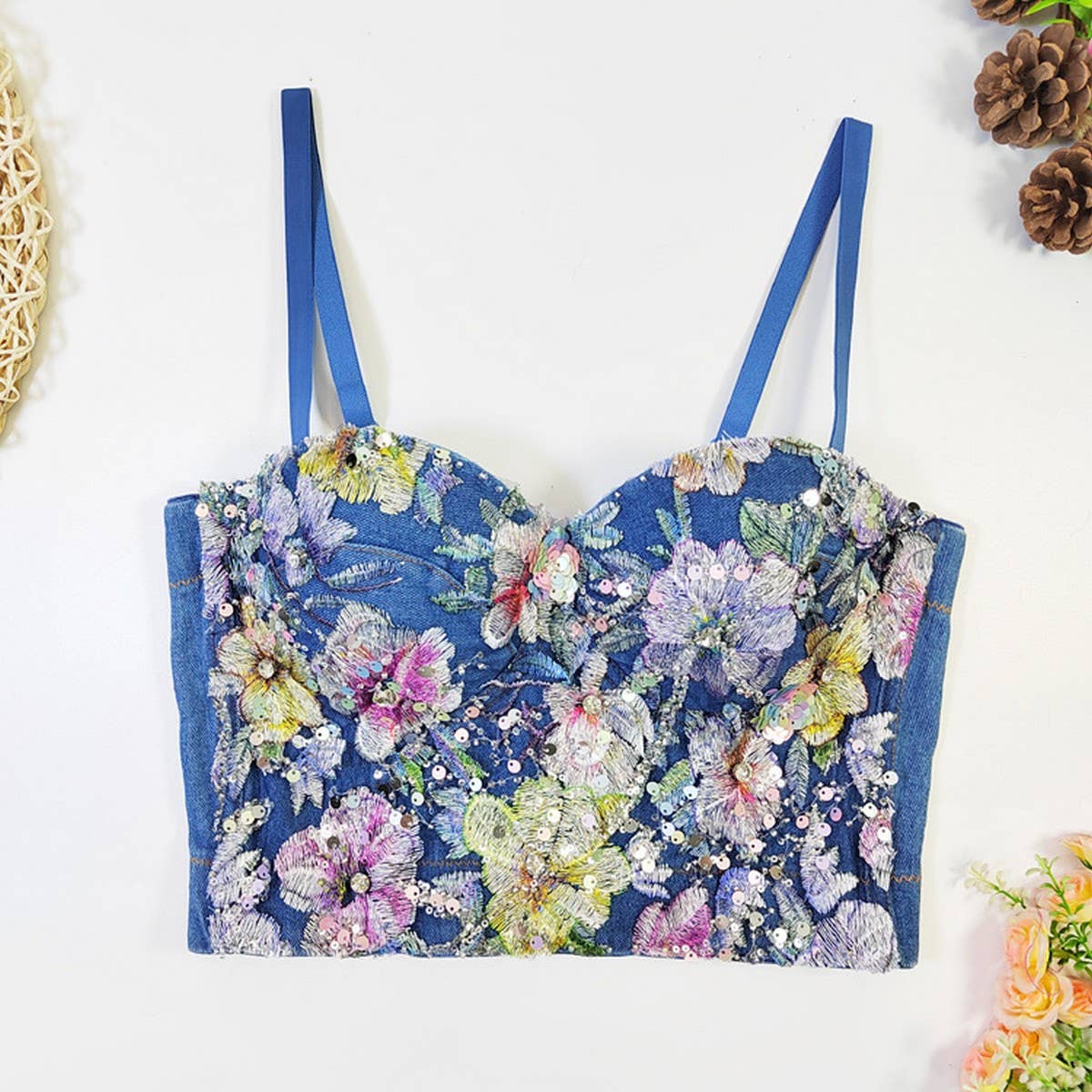 HIGH-END DENIM FLOWER PATCHWORK HERRINGBONE BRA