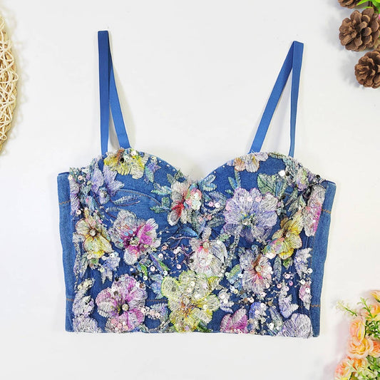 HIGH-END DENIM FLOWER PATCHWORK HERRINGBONE BRA