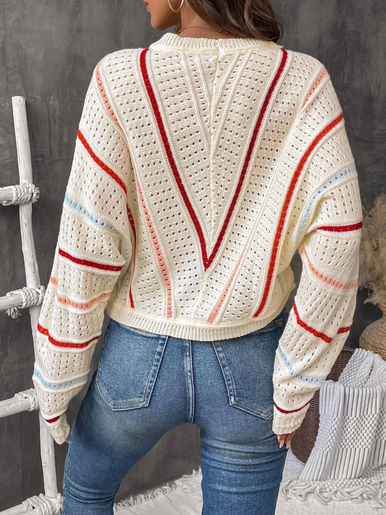 STRIPED SWEATER CREW NECK PULLOVER SWEATER