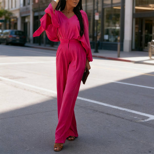 Solid-color fashionable V-neck tie pants set