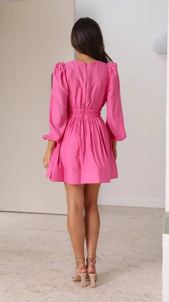Solid-color deep V-shaped cinched waist dress