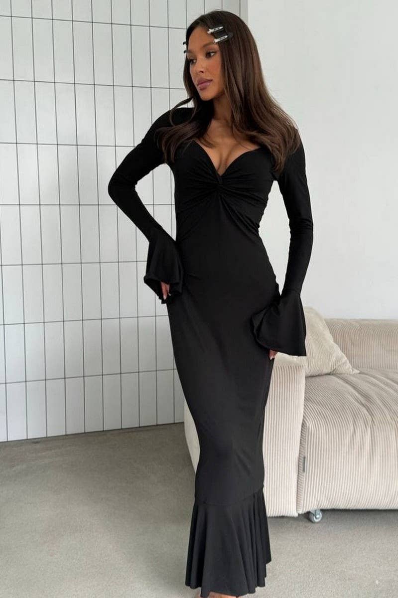 CWDMD01204_V-NECK RUFFLE SLEEVE LONG SLEEVE DRESS