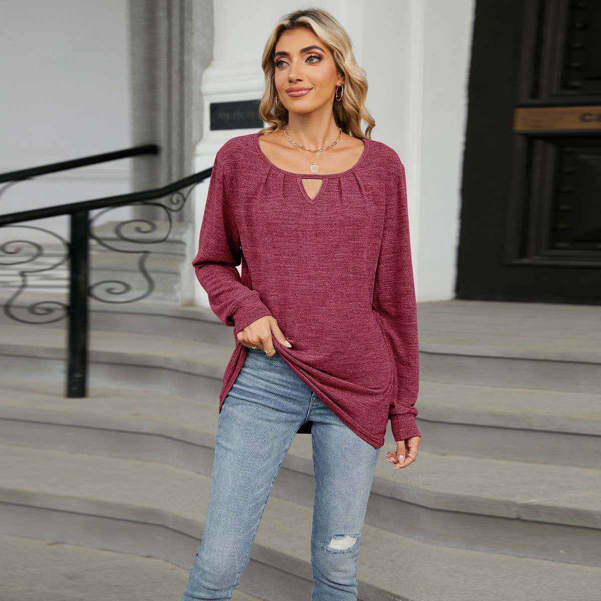 Ruffled fur hollow loose long-sleeved T-shirt