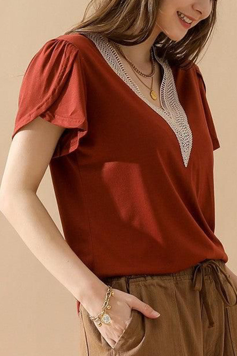 GOLD LACE V NECK RUFFLE SHORT SLEEVE TOP