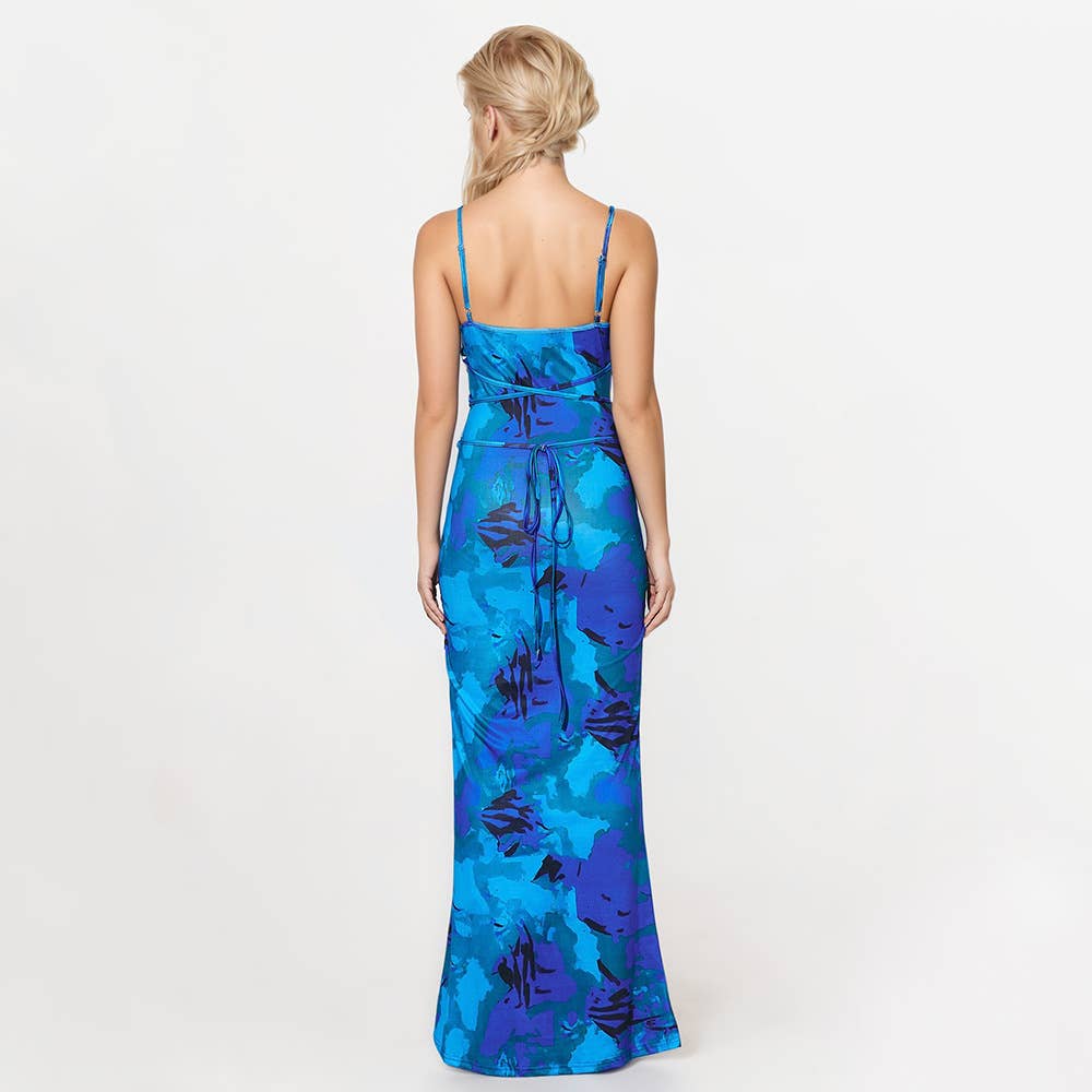 PRINT HALTER LONG SLEEVELESS BOHEMIAN DRESS