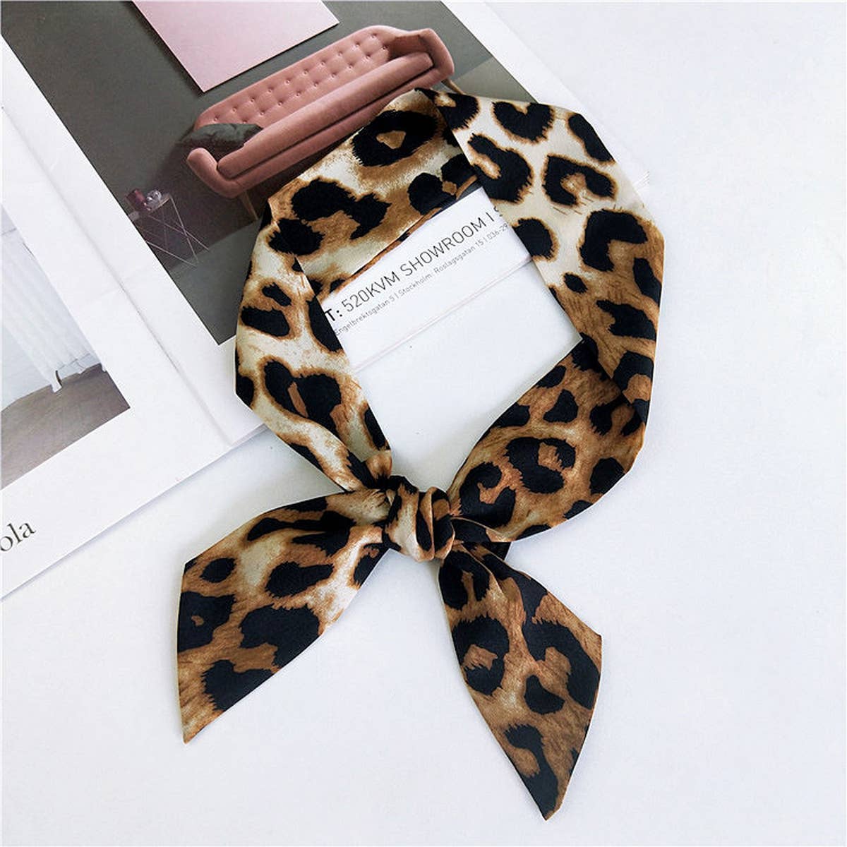 CWASC2385_MULTI COLORED HANDLE RIBBON LEOPARD PRINT SCARF