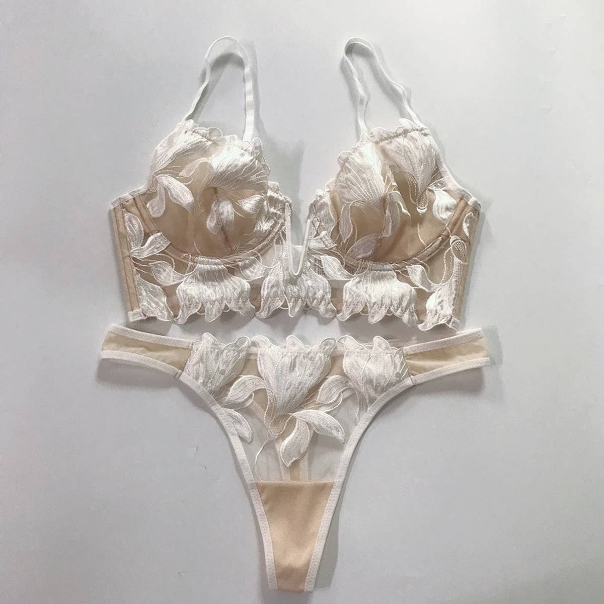 FLOWER EMBROIDERED MESH BREATHABLE LINGERIE SET