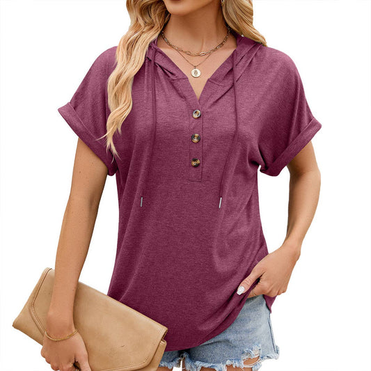 DRAWSTRING BUTTON SOLID COLOR LOOSE HOODIE_CWOHOS0012