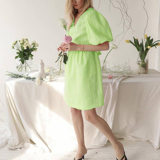 V-NECK PUFFED SLEEVE COTTON LINEN DRESS