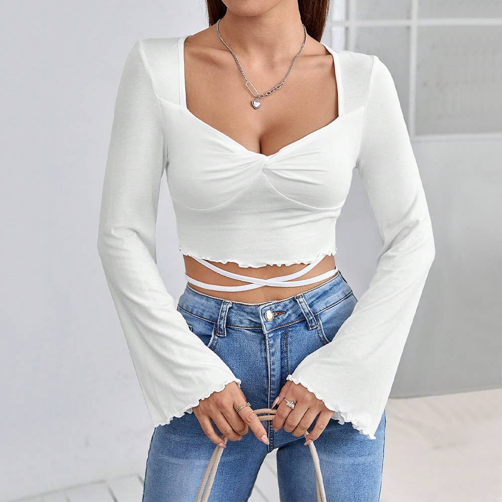 SQUARE NECK STRAP FLARED LONG SLEEVE SHORT TOP