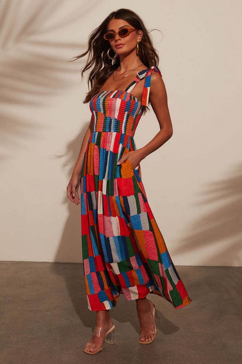 CWDMD5607_VACATION FLORAL TIE WAIST COLORBLOCK MIDI DRESS