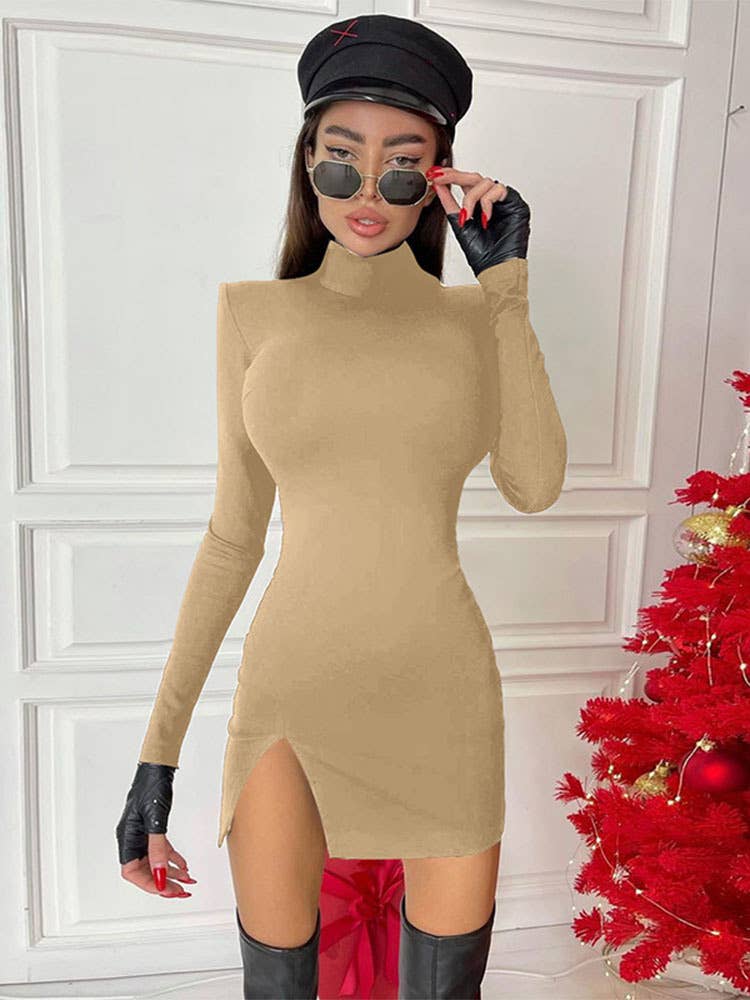 Long-sleeved high-neck sexy slit short dress