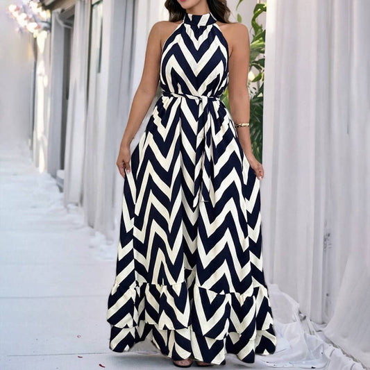 Sexy Sleeveless High Neck Wave Stripe Dress