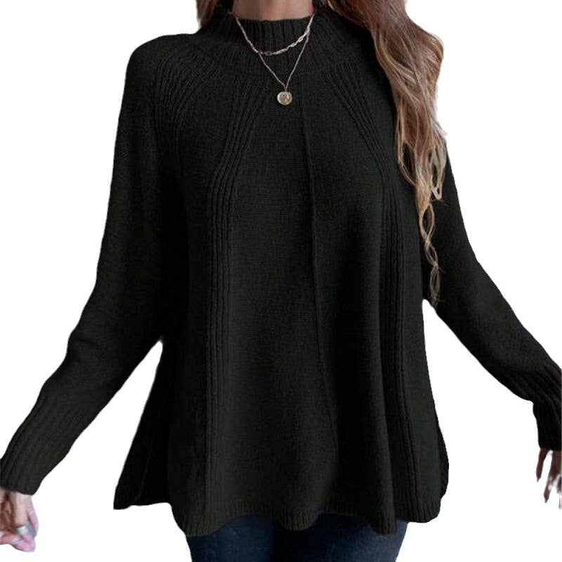 Versatile slit knitted long-sleeved sweater
