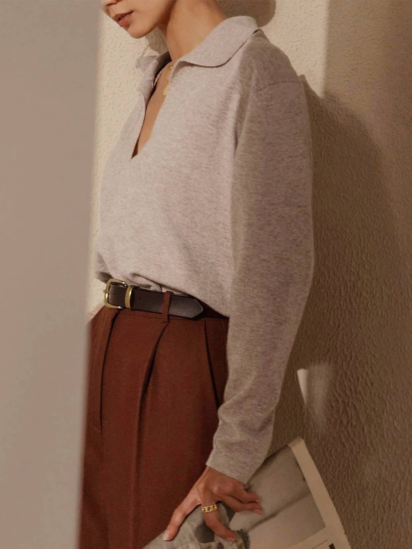 SOLID COLOR LOOSE WARM POLO SWEATER WITH LAPELS