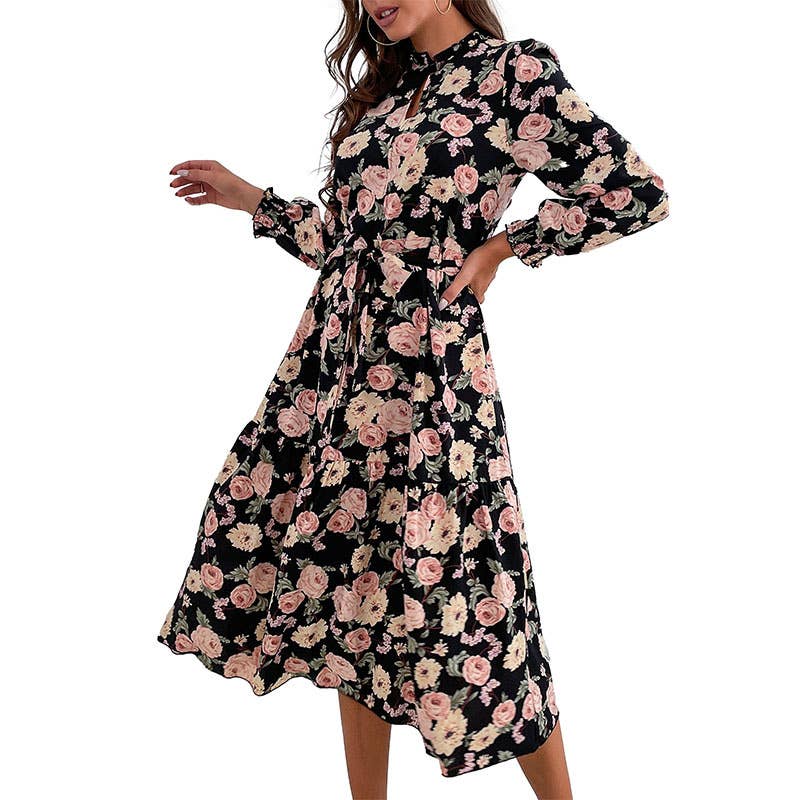 Printed lace-up dress with high neck