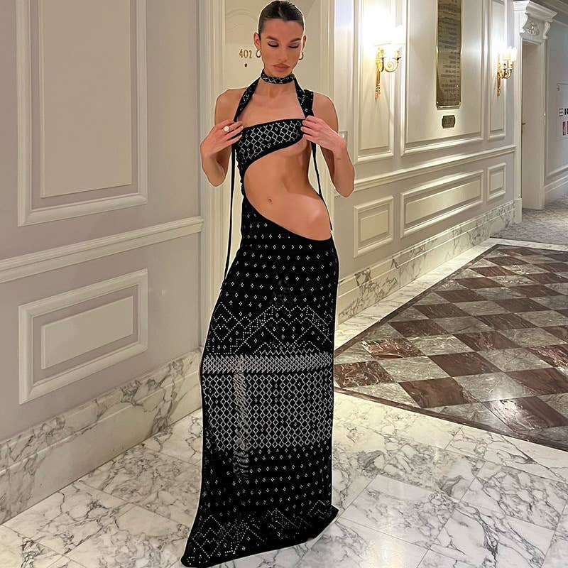 sexy button-neck high-slit hip-hugging dress