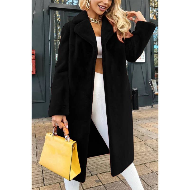 STYLISH AND ELEGANT LACE-UP LAPEL PLUSH LONG COAT