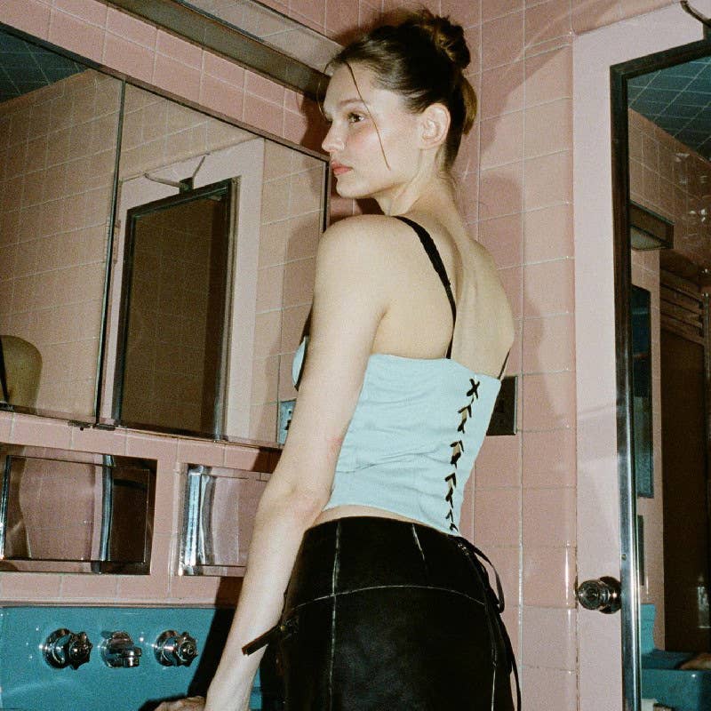 Lace square neck lace-up low-cut halter top