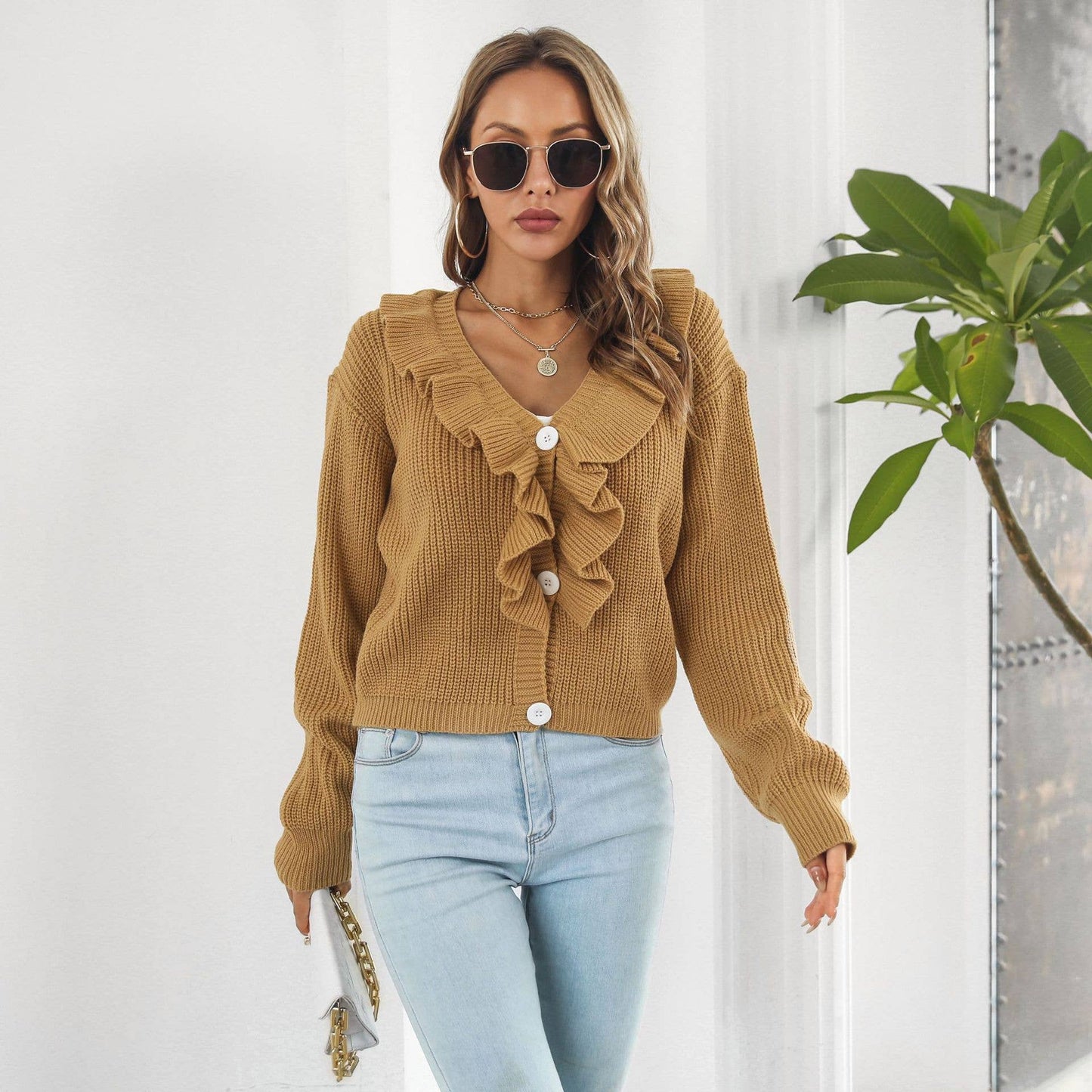 Ruffled sweater Loose knit cardigan