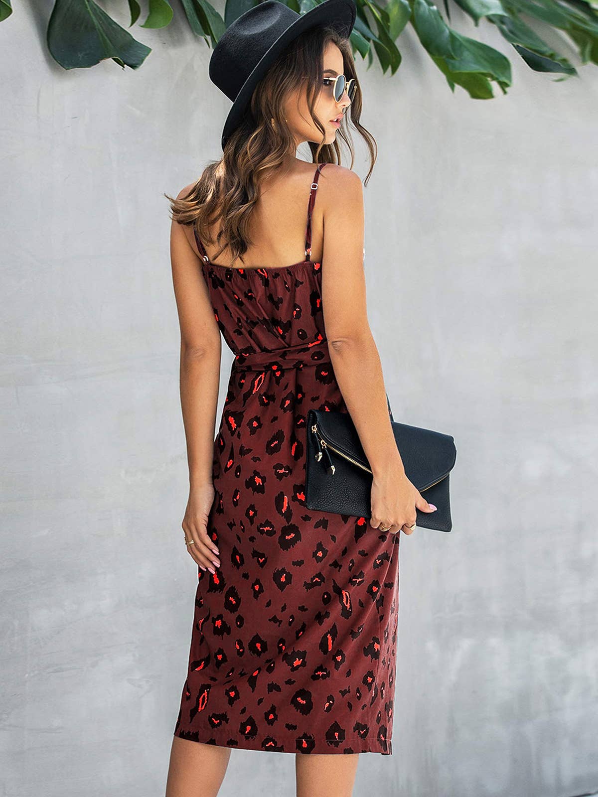 Leopard print split mid-length strappy slip dress