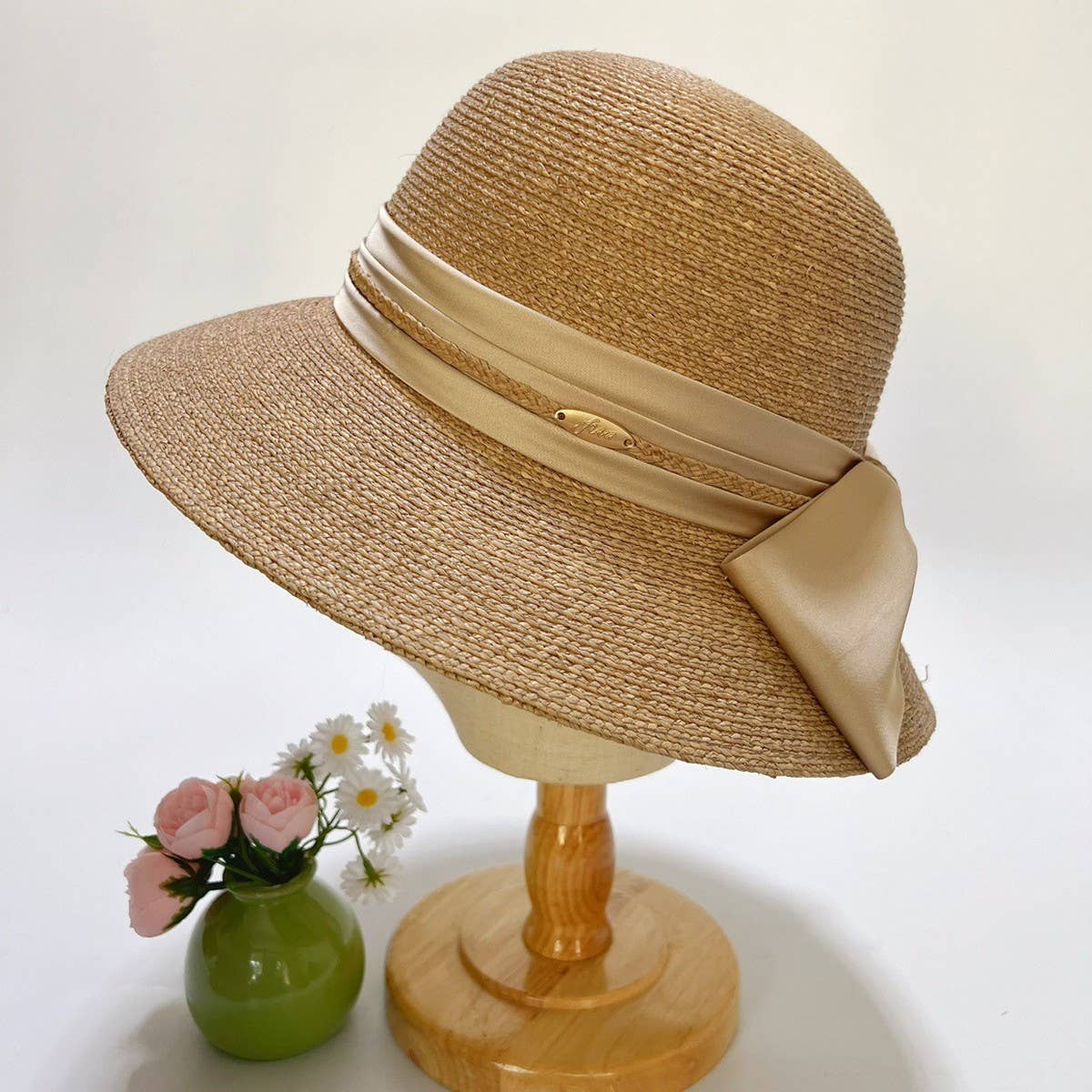 Raffia Fashion Bow Round Top Straw Hat_CWAH3588